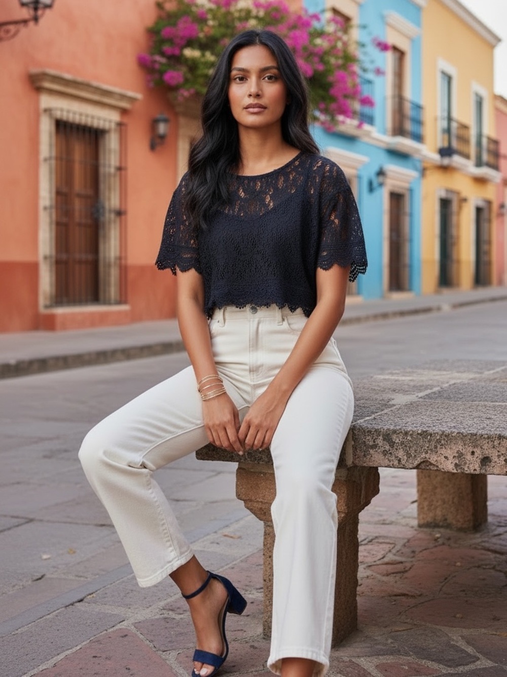Divided black scalloped crochet lace hem top 12